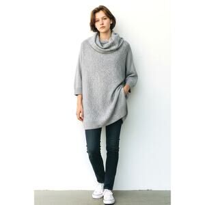 Magaschoni Funnel Neck Cashmere Tunic Sweater Gray 3/4 Sleeves Size Medium